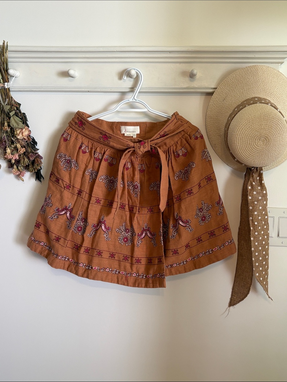 Anthropologie Rust Brown Circle Skirt with Pink Paisley Motifs